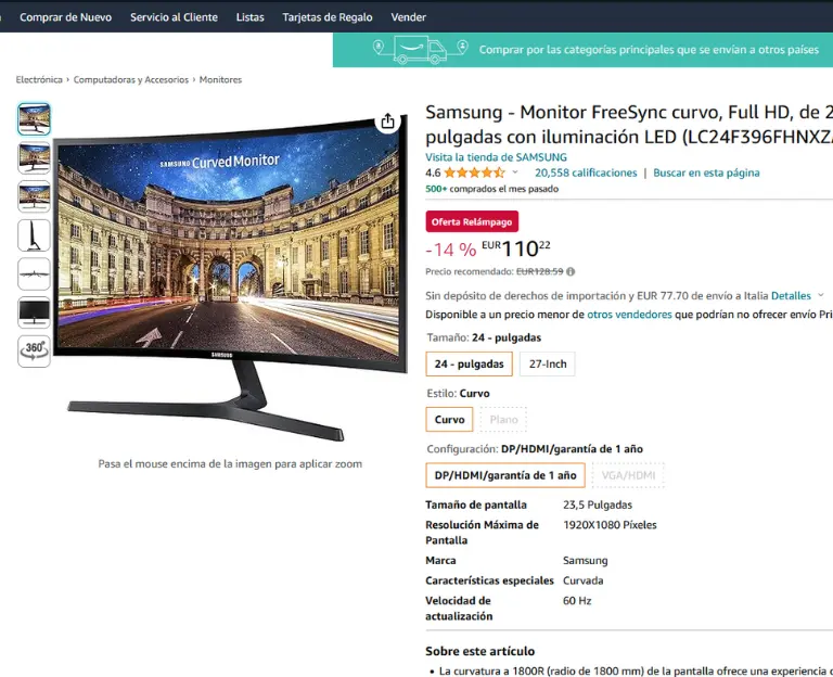 View of Amazon product page for PC Monitor with description and image.